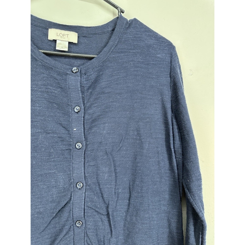 LOFT Cardigan LARGE Navy Blue 3/4 Sleeve Lightweight Button Front Sweater Office - Picture 5 of 11